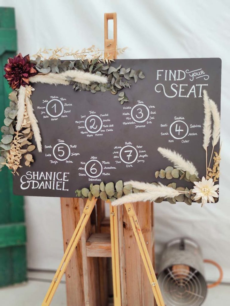 Sitzplan Schild dekoriert mit Blumen